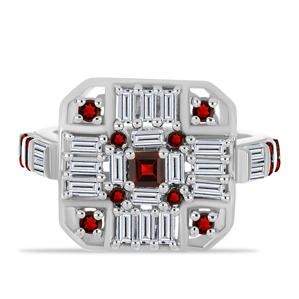 Anel de Prata com Granada de Barton e Zircão Branco  Contraste: Cabeca de Veado (800)