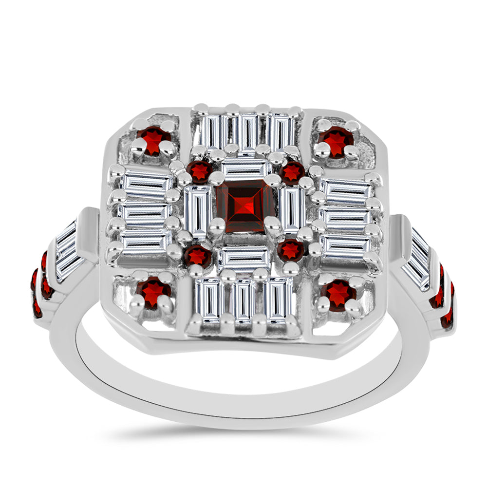 Anel de Prata com Granada de Barton e Zircão Branco  Contraste: Cabeca de Veado (800)