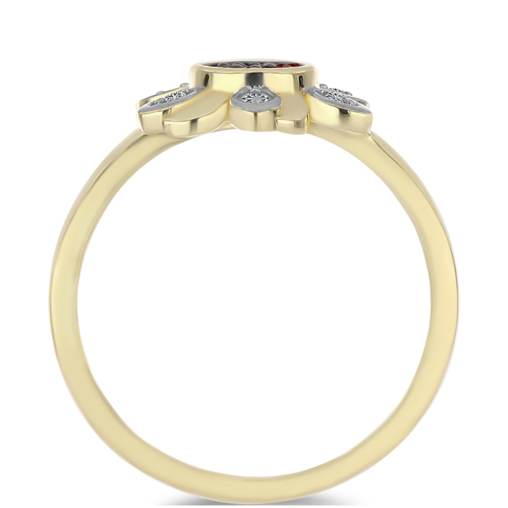 Anel de Prata com Banho de Ouro com Diamante Vermelho e Diamante Branco  Contraste: Cabeca de Veado (800)