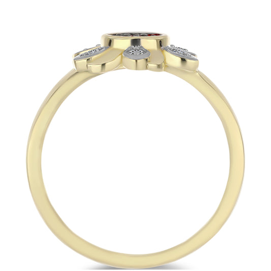 Anel de Prata com Banho de Ouro com Diamante Vermelho e Diamante Branco  Contraste: Cabeca de Veado (800)