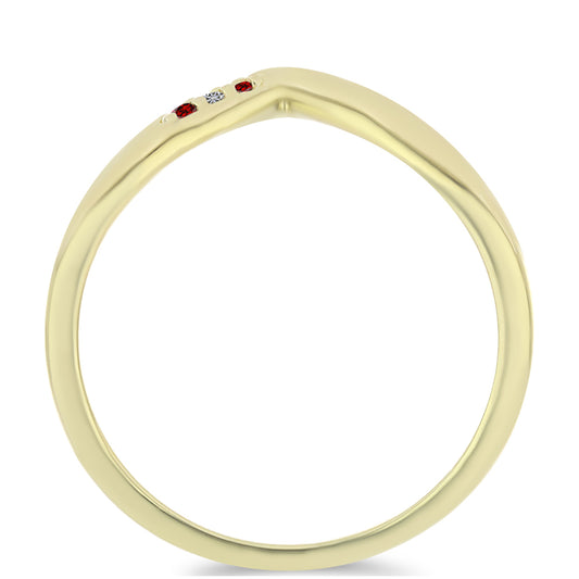 Anel de Prata com Banho de Ouro com Diamante Vermelho e Diamante Branco