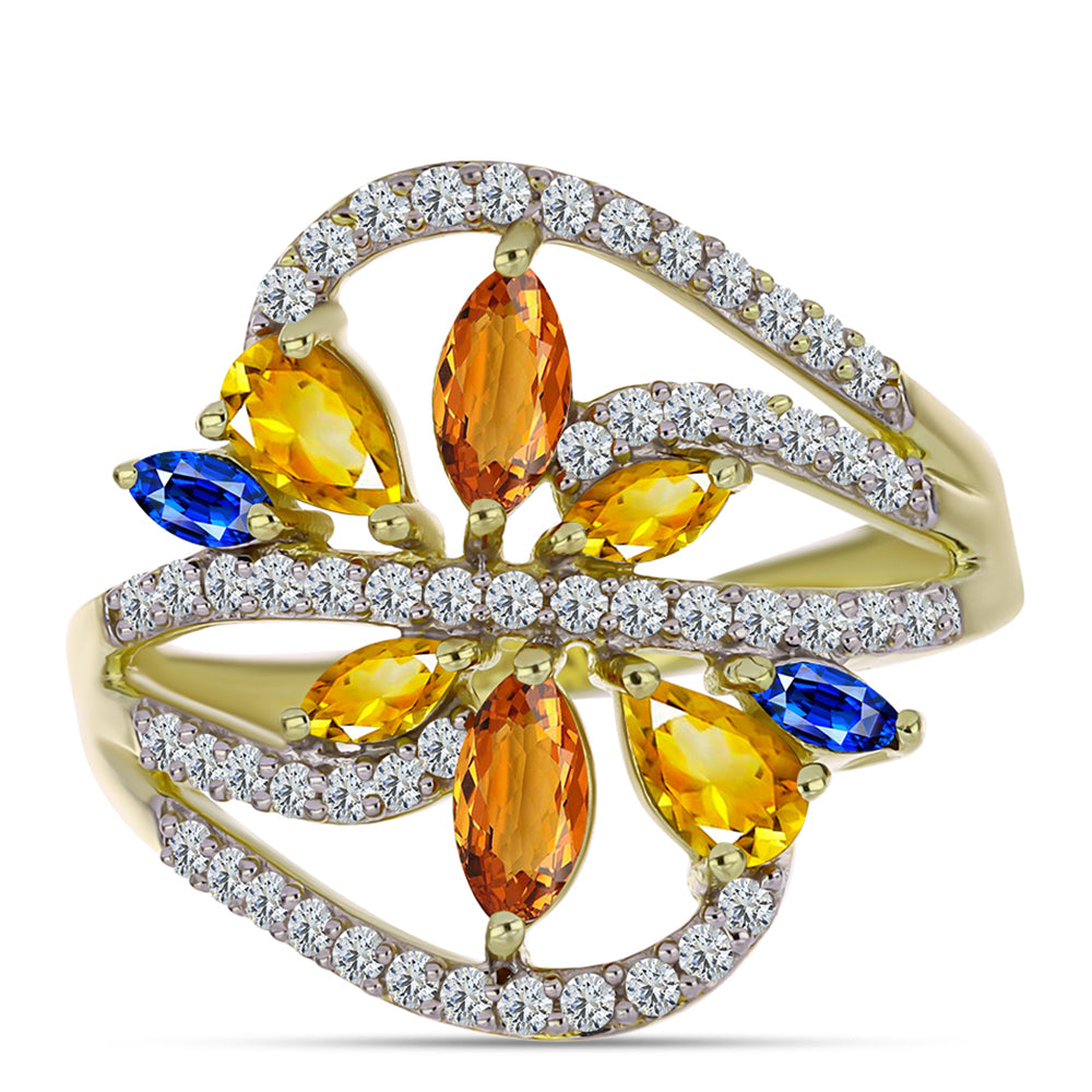 Anel de Prata com Banho de Ouro com Safira Arco-íris de Rosebery e Topázio Branco  Contraste: Cabeca de Veado (800)