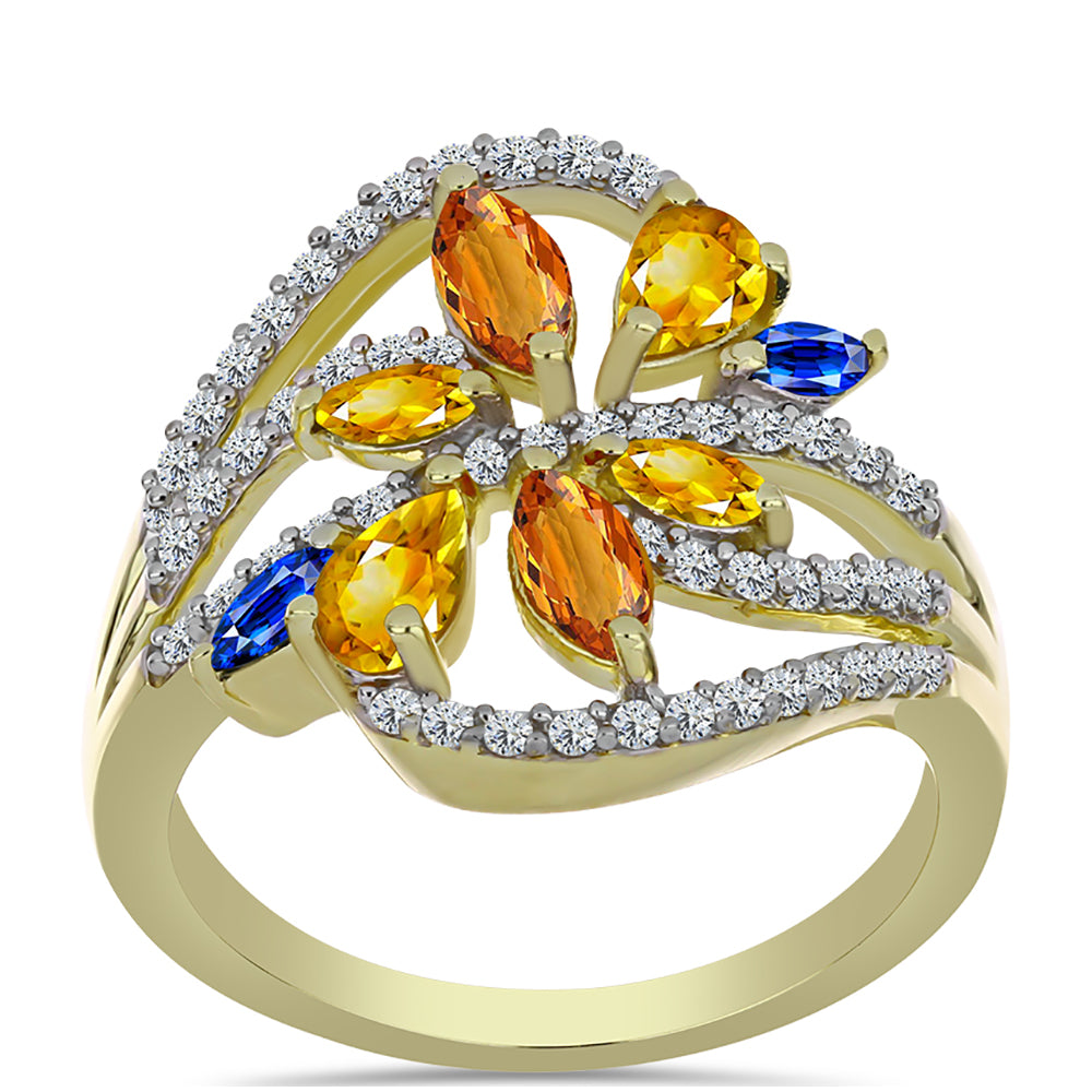 Anel de Prata com Banho de Ouro com Safira Arco-íris de Rosebery e Topázio Branco  Contraste: Cabeca de Veado (800) 3 