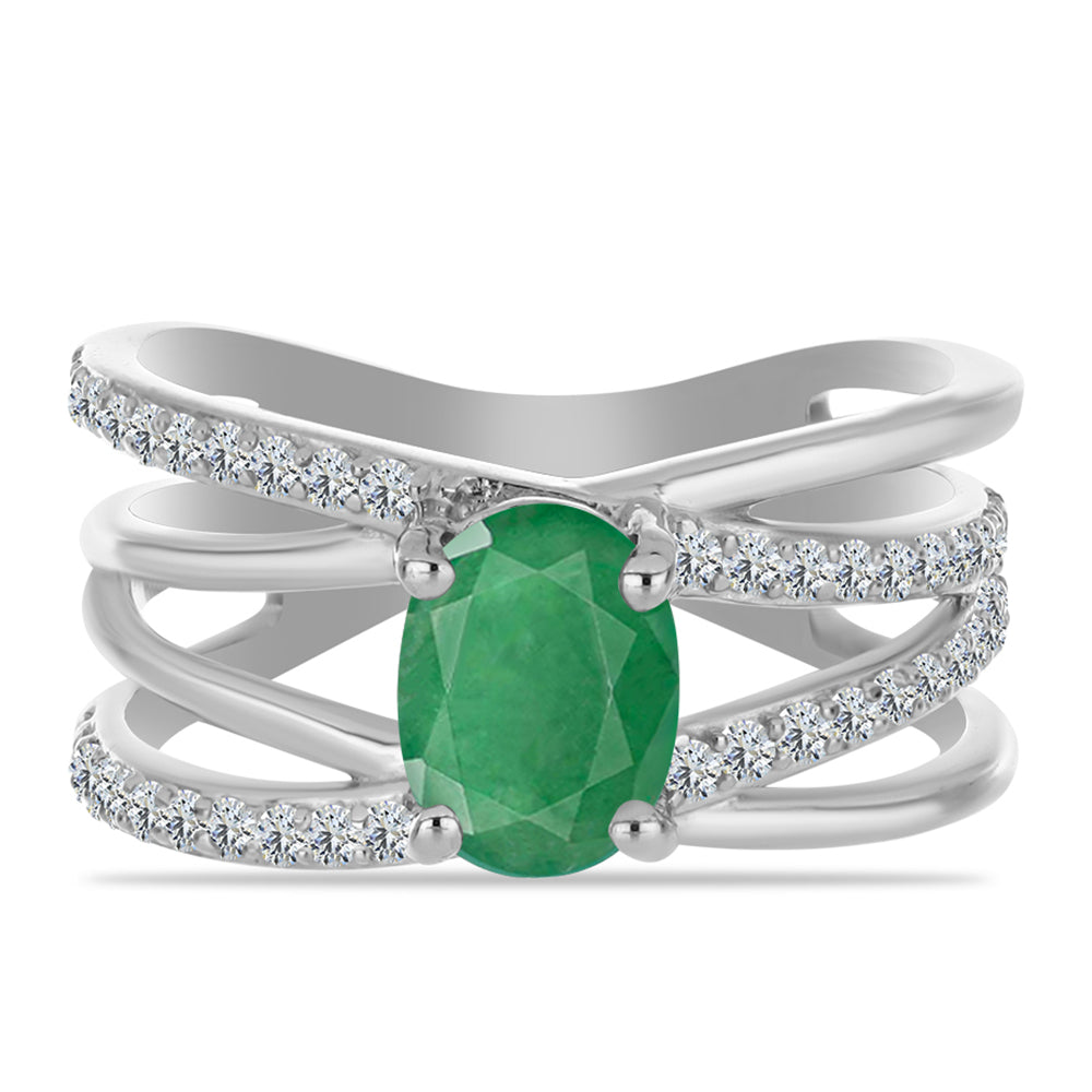 Anel de Prata com Esmeralda do Brasil e Topázio Branco  Contraste: Cabeca de Veado (800) 1 