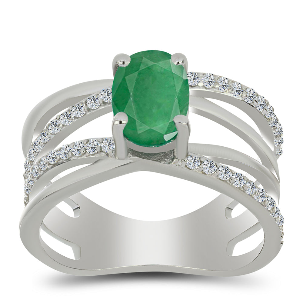 Anel de Prata com Esmeralda do Brasil e Topázio Branco  Contraste: Cabeca de Veado (800) 3 