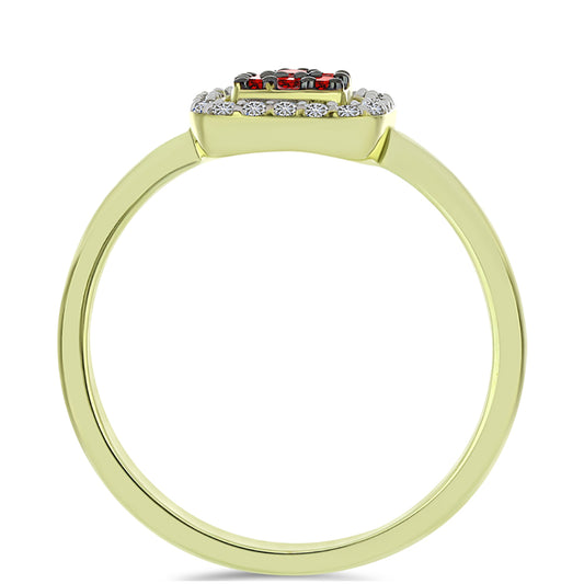 Anel de Prata com Banho de Ouro com Diamante Vermelho e Diamante Branco