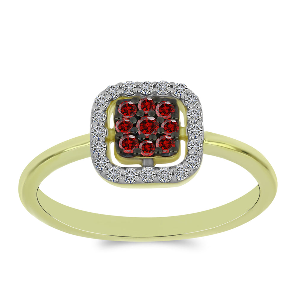 Anel de Prata com Banho de Ouro com Diamante Vermelho e Diamante Branco 7 