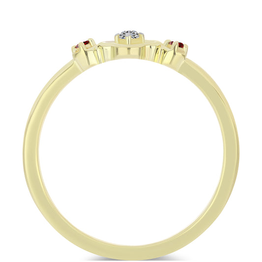 Anel de Prata com Banho de Ouro com Diamante Vermelho e Diamante Branco