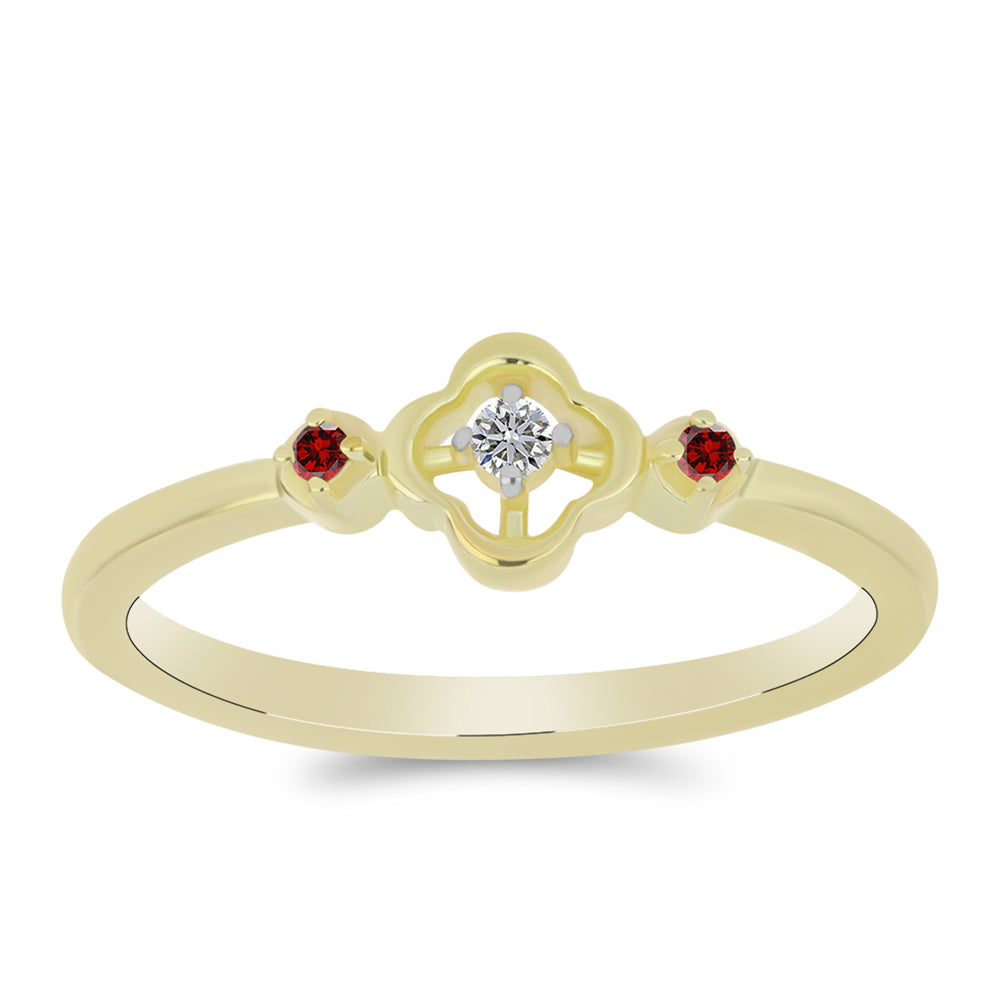 Anel de Prata com Banho de Ouro com Diamante Vermelho e Diamante Branco