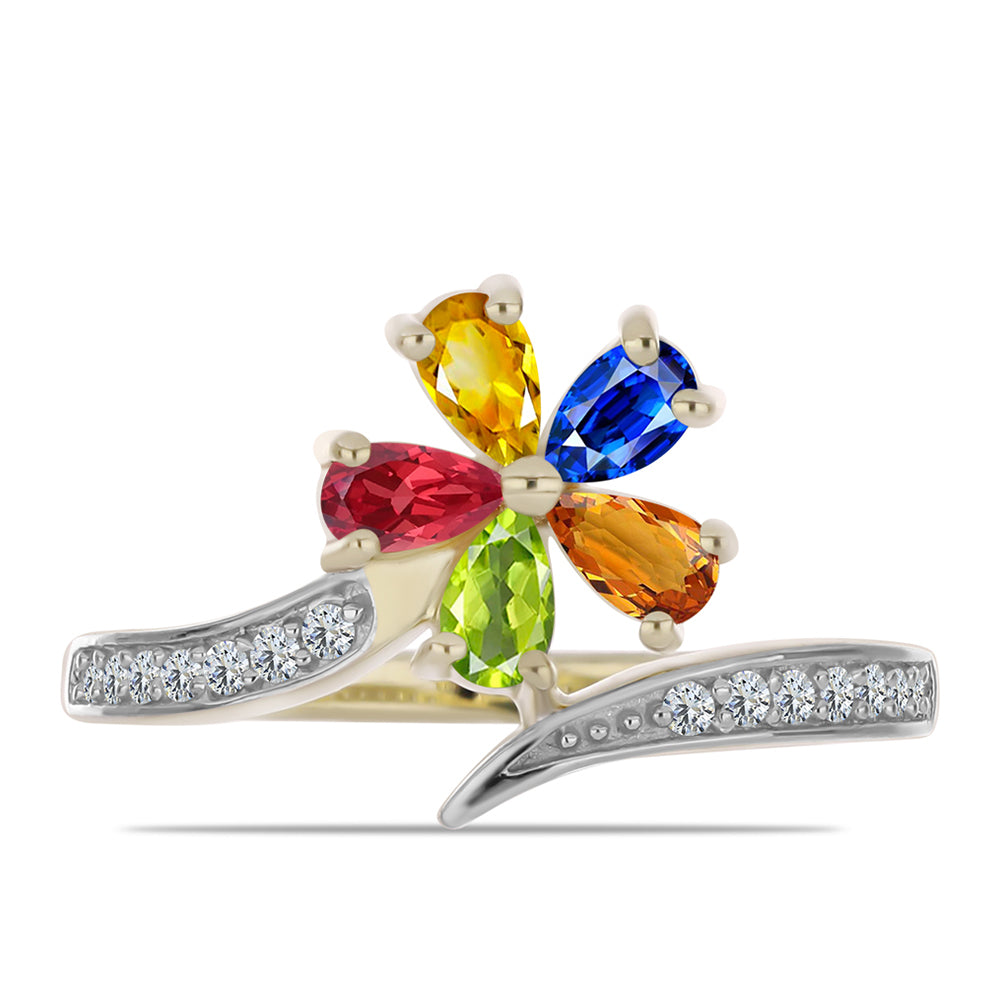 Anel de Prata com Banho de Ouro com Safira Arco-íris de Rosebery e Topázio Branco