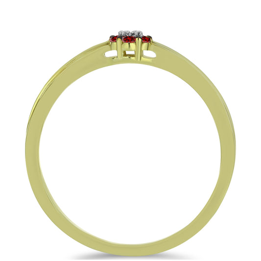 Anel de Prata com Banho de Ouro com Diamante Vermelho e Diamante Branco