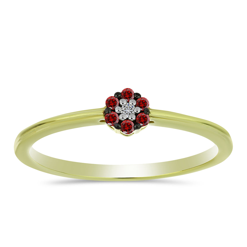 Anel de Prata com Banho de Ouro com Diamante Vermelho e Diamante Branco