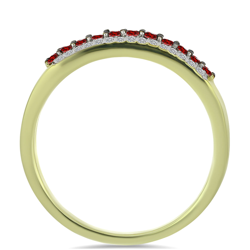 Anel de Prata com Banho de Ouro com Diamante Vermelho e Diamante Branco