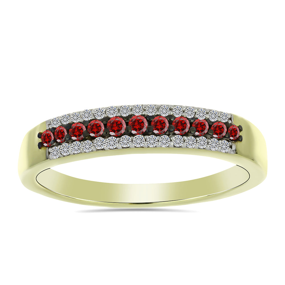 Anel de Prata com Banho de Ouro com Diamante Vermelho e Diamante Branco 1 