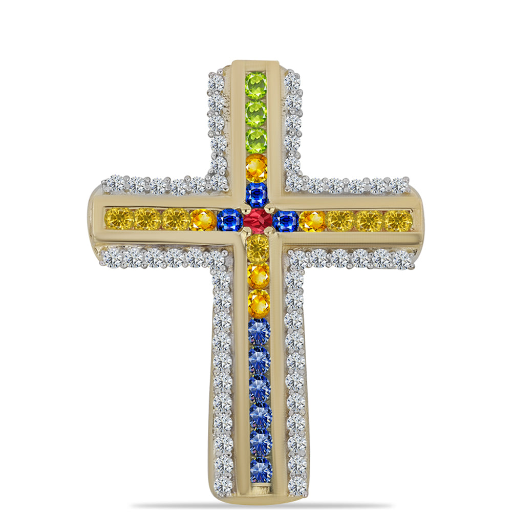 Cruz Pendente de Prata com Banho de Ouro com Safira Arco-íris de Rosebery e Topázio Branco 1 