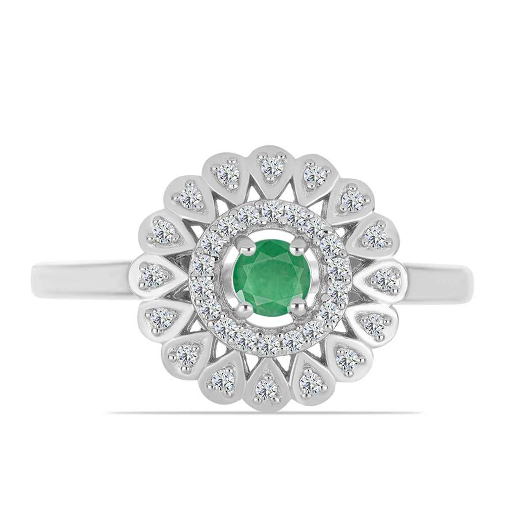 Anel de Prata com Esmeralda do Brasil e Topázio Branco  Contraste: Cabeca de Veado (800)