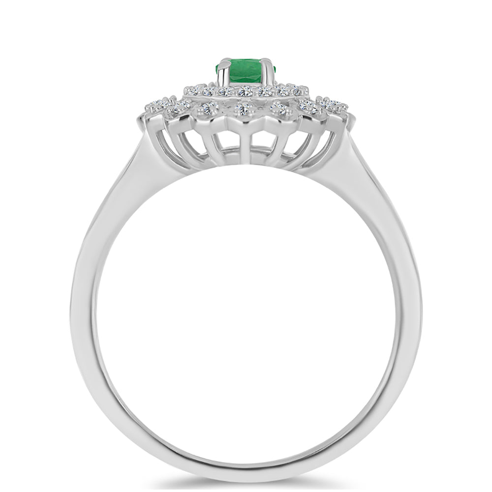 Anel de Prata com Esmeralda do Brasil e Topázio Branco  Contraste: Cabeca de Veado (800)