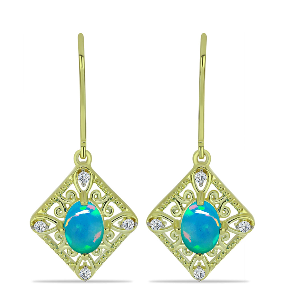 Brincos de Prata com Banho de Ouro com Opala Azul Paraib da Etiópia e Topázio Branco