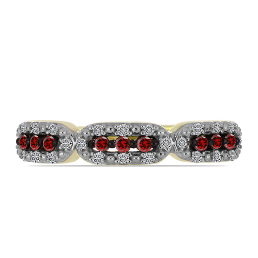 Anel de Prata com Banho de Ouro com Diamante Vermelho e Diamante Branco