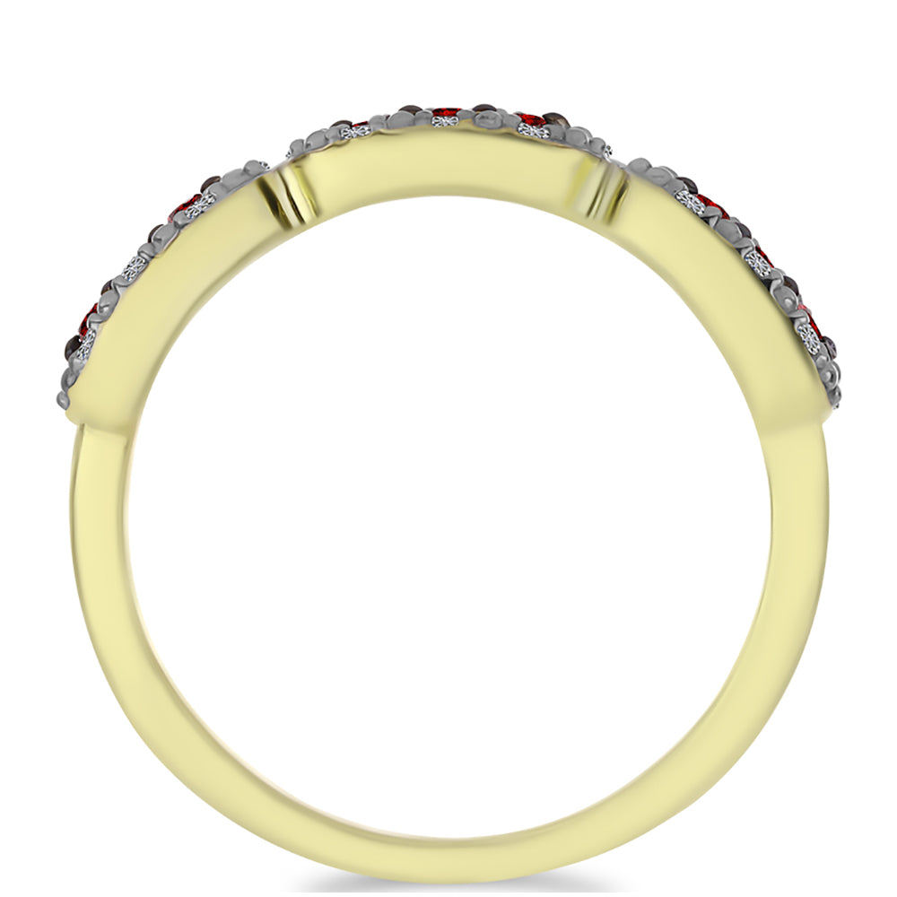 Anel de Prata com Banho de Ouro com Diamante Vermelho e Diamante Branco