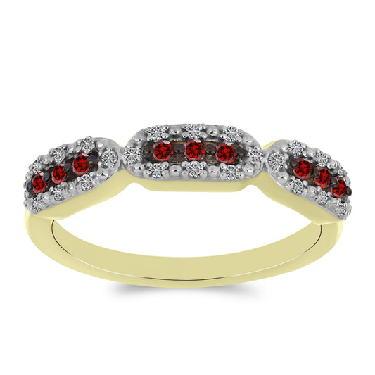 Anel de Prata com Banho de Ouro com Diamante Vermelho e Diamante Branco