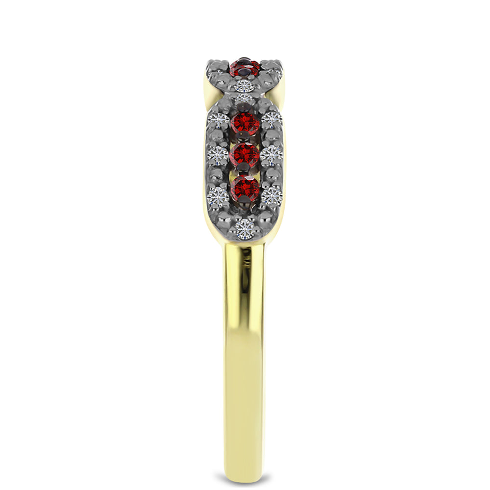 Anel de Prata com Banho de Ouro com Diamante Vermelho e Diamante Branco