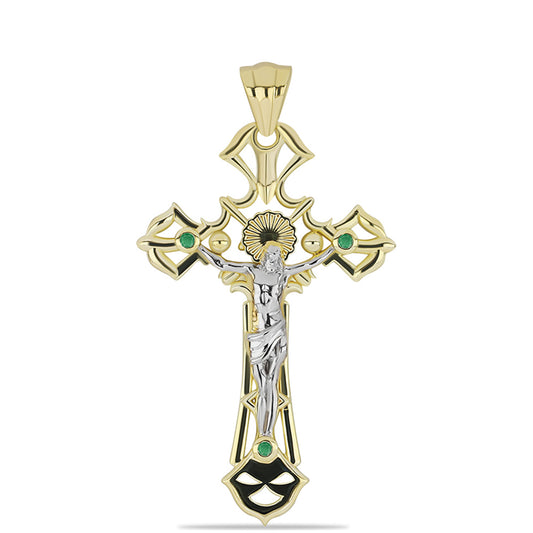 Cruz Pendente de Prata com Banho de Ouro com Esmeralda do Brasil  Contraste: Cabeca de Veado (800)