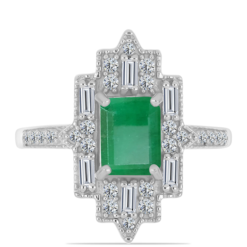 Anel de Prata com Esmeralda do Brasil e Zircão Branco  Contraste: Cabeca de Veado (800)