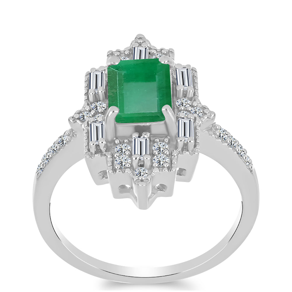 Anel de Prata com Esmeralda do Brasil e Zircão Branco  Contraste: Cabeca de Veado (800)