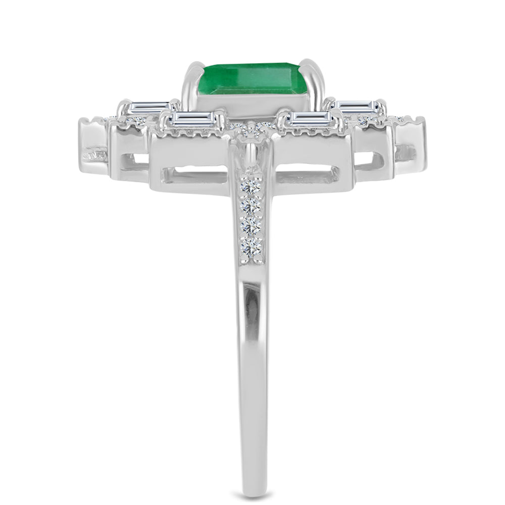 Anel de Prata com Esmeralda do Brasil e Zircão Branco  Contraste: Cabeca de Veado (800)