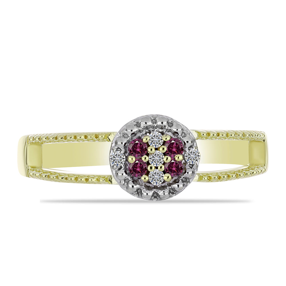 Anel de Prata com Banho de Ouro com Diamante Roxo e Diamante Branco