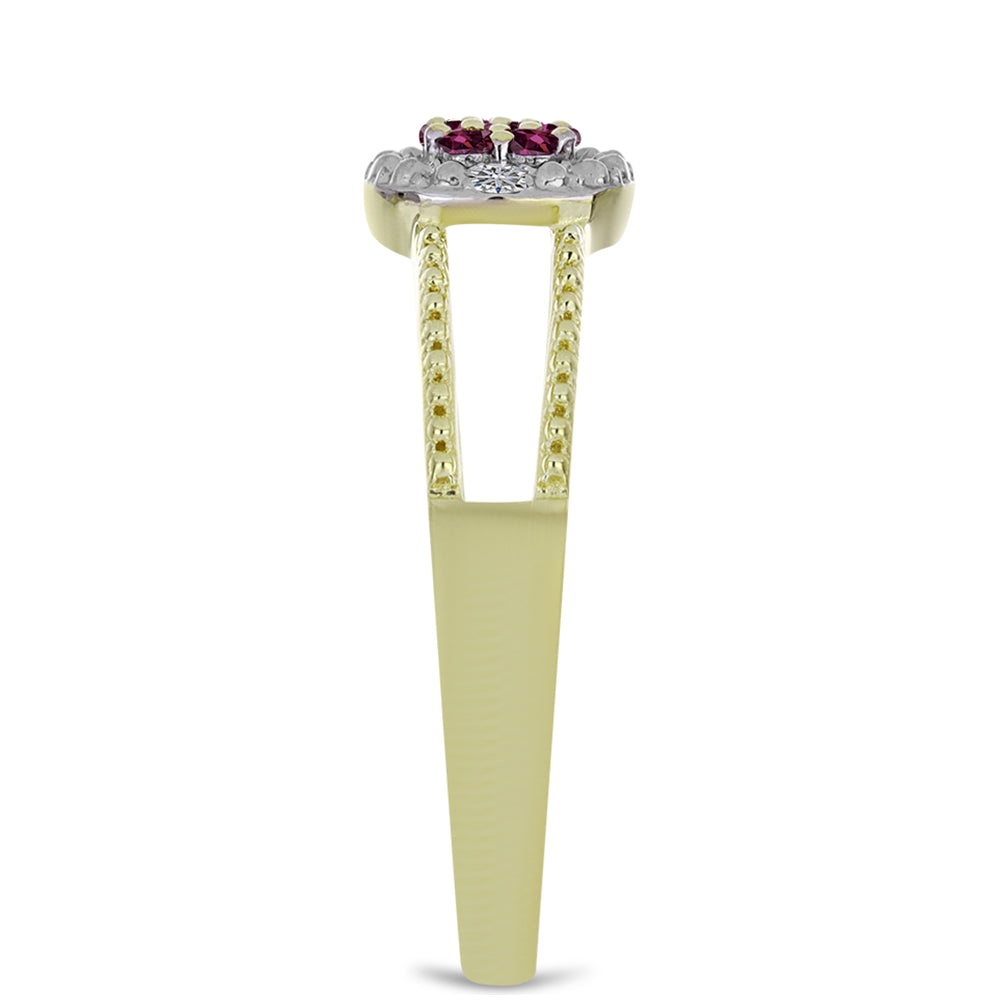 Anel de Prata com Banho de Ouro com Diamante Roxo e Diamante Branco