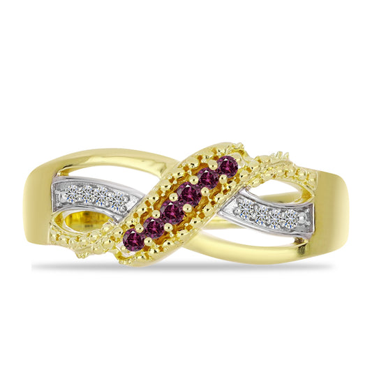 Anel de Prata com Banho de Ouro com Diamante Roxo e Diamante Branco  Contraste: Cabeca de Veado (800)