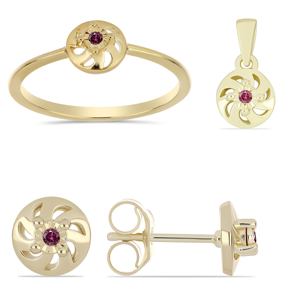 Conjunto de Prata com Banho de Ouro com Diamante Roxo ( Brincos+Anel+Pendente )  Contraste: Cabeca de Veado (800) 1 