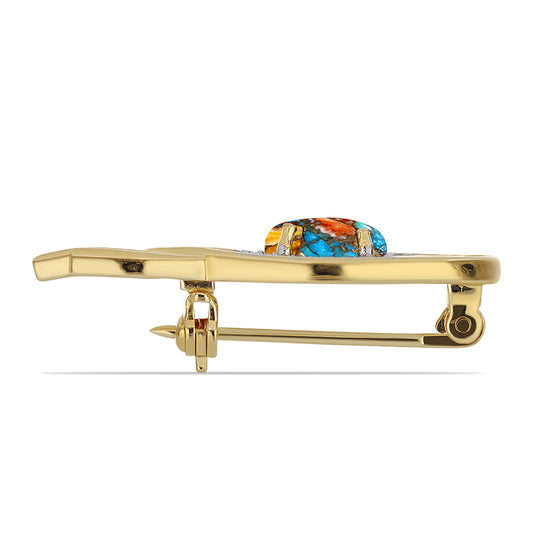 Alfinete de Prata com Banho de Ouro com Ostra Turquesa e Topázio Branco