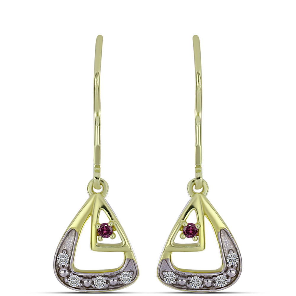 Brincos de Prata com Banho de Ouro com Diamante Roxo e Diamante Branco