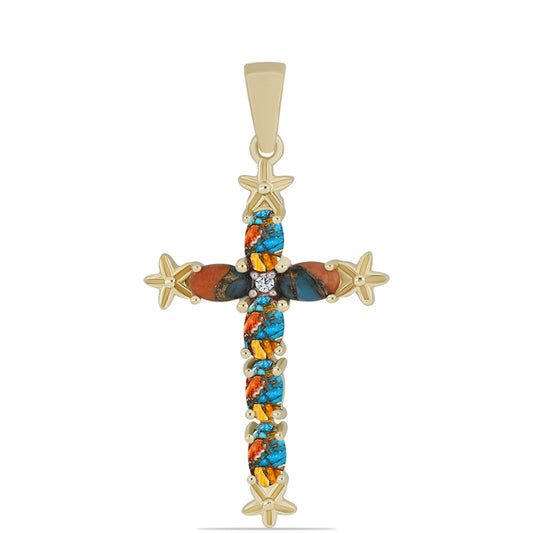 Cruz Pendente de Prata com Banho de Ouro com Ostra Turquesa e Topázio Branco
