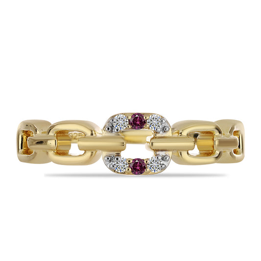 Anel de Prata com Banho de Ouro com Diamante Roxo e Diamante Branco