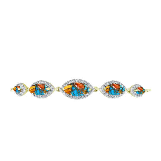 Pulseira de Prata com Banho de Ouro com Ostra Turquesa e Topázio Branco  Contraste: Cabeca de Veado (800)