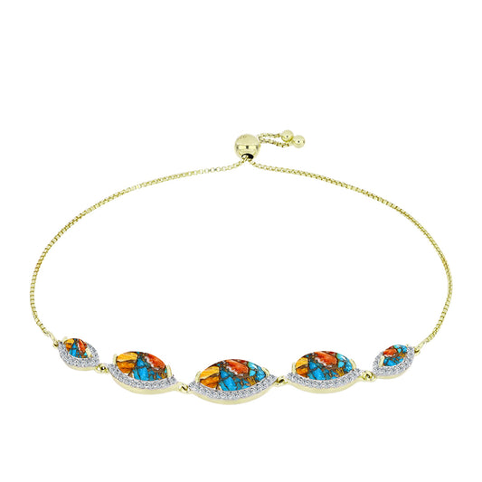 Pulseira de Prata com Banho de Ouro com Ostra Turquesa e Topázio Branco  Contraste: Cabeca de Veado (800)