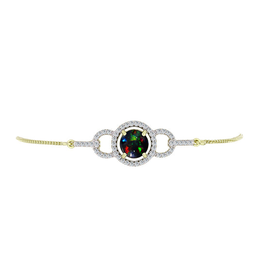 Pulseira de Prata com Banho de Ouro com Opala Preta de Lega Dembi da Etiópia e Topázio Branco  Contraste: Cabeca de Veado (800)