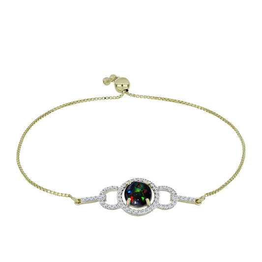 Pulseira de Prata com Banho de Ouro com Opala Preta de Lega Dembi da Etiópia e Topázio Branco  Contraste: Cabeca de Veado (800)