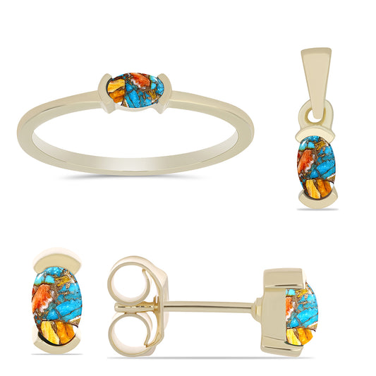 Conjunto de Prata com Banho de Ouro com Ostra Turquesa ( Brincos+Anel+Pendente )