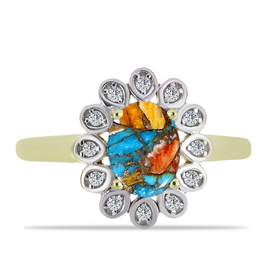 Anel de Prata com Banho de Ouro com Ostra Turquesa e Topázio Branco