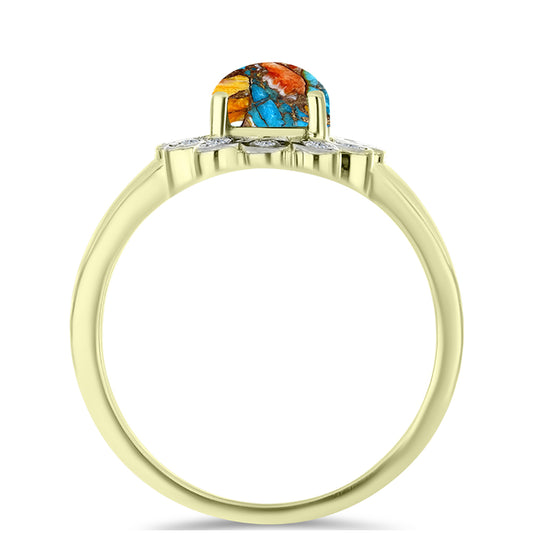 Anel de Prata com Banho de Ouro com Ostra Turquesa e Topázio Branco