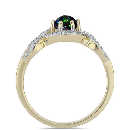 Anel de Prata com Banho de Ouro com Opala Preta de Lega Dembi da Etiópia e Topázio Branco