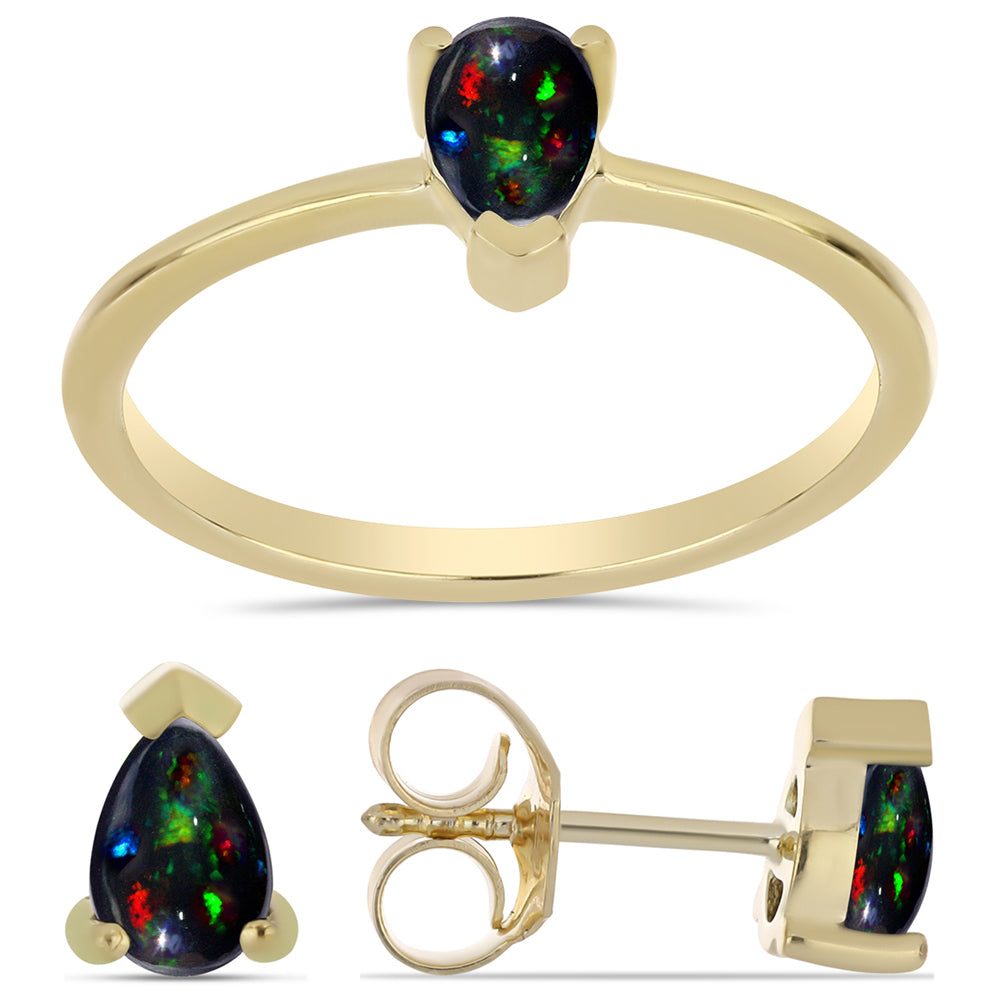 Conjunto de Prata com Banho de Ouro com Opala Preta de Lega Dembi da Etiópia ( Brincos+Anel ) 1 