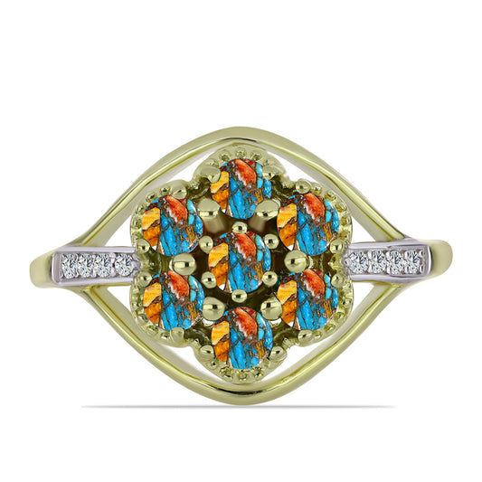 Anel de Prata com Banho de Ouro com Ostra Turquesa e Topázio Branco  Contraste: Cabeca de Veado (800)