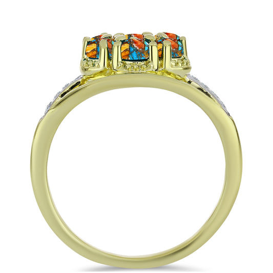 Anel de Prata com Banho de Ouro com Ostra Turquesa e Topázio Branco  Contraste: Cabeca de Veado (800)