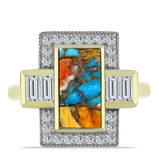 Anel de Prata com Banho de Ouro com Ostra Turquesa e Topázio Branco  Contraste: Cabeca de Veado (800)